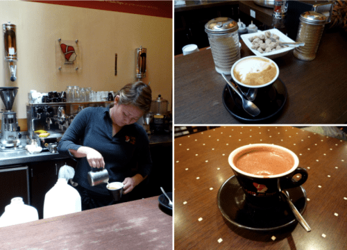 (Left) Careful preparation of my cappuccino; (Top Right) My cappuccino with various choices of sweeteners; (Bottom Right) My drinking hot chocolate