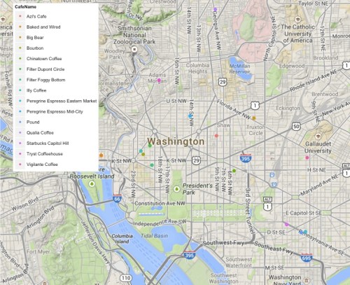 Map of DC coffee shops previously hounded or on the short list to be hounded. 